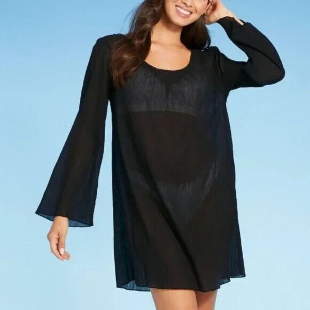 Shade & Shore Target Womens Swimsuit M Coverup Dress Long Bell Sleeve Gauz Black - Picture 2 of 9
